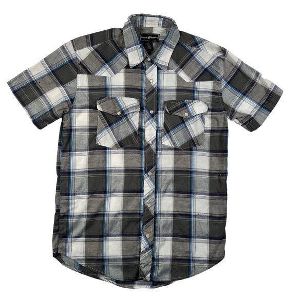 CASUAL COUNTRY Shirt Men's S/S Cotton Plaid Snap Up Black Gray White Blue M - Picture 1 of 12